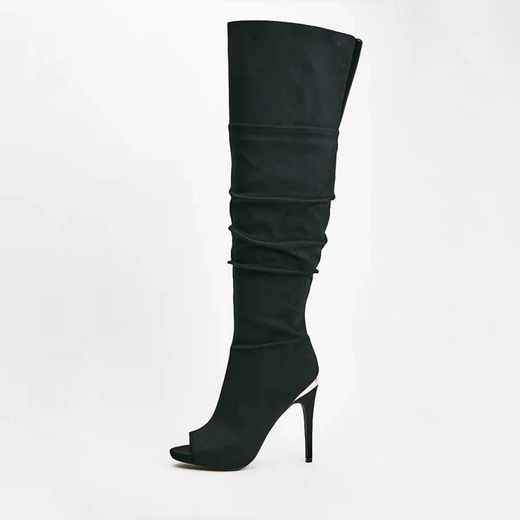 Black Peep Toe Thigh High Shoes Women's Stiletto Heel Vintage Boots |FSJ Shoes