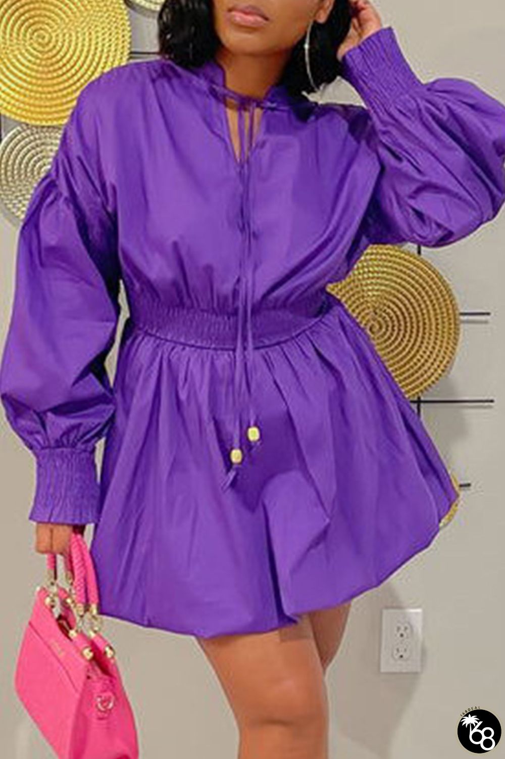 Purple Casual Solid Patchwork V Neck Long Sleeve Dresses | 168DEAL