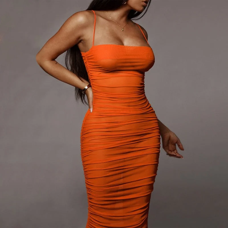 Hugcitar 2021 Sleeveless Straps Pleat See-Through Slash Neck Bodycon Solid Dress Summer Sexy Women Streetwear Y2K Party Club