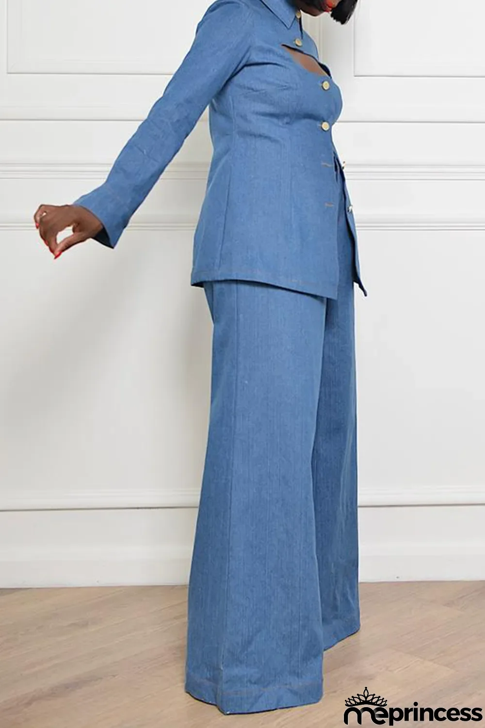 The cowboy blue Casual Solid Hollowed Out Turndown Collar Long Sleeve Two Pieces