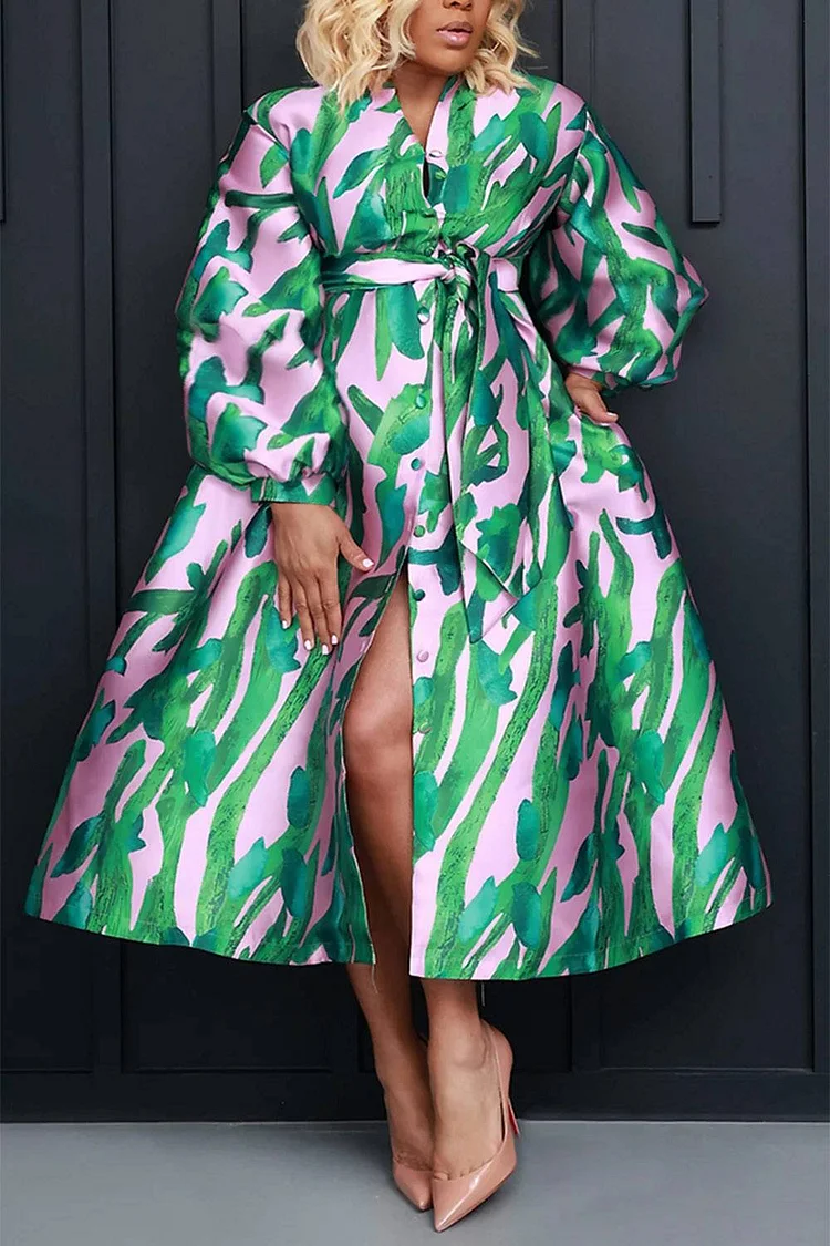 Plus Size Semi Formal Dress Green A Line Lantern Sleeves Midi Dress With Belt [Pre-Order]