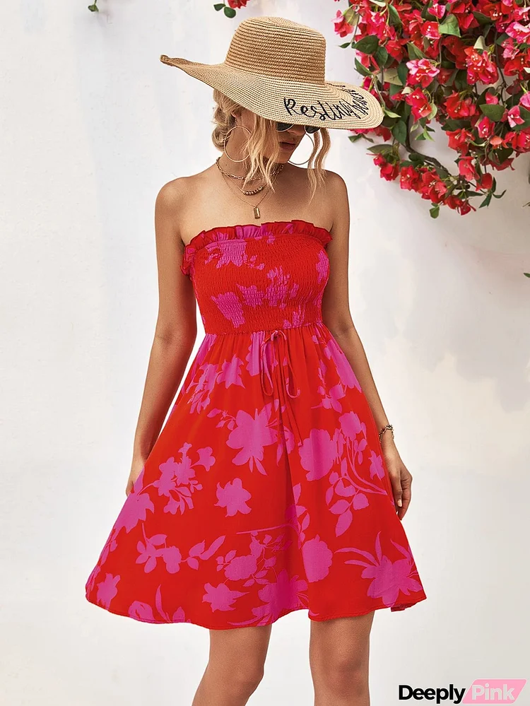 Floral Frill Trim Strapless Smocked Dress