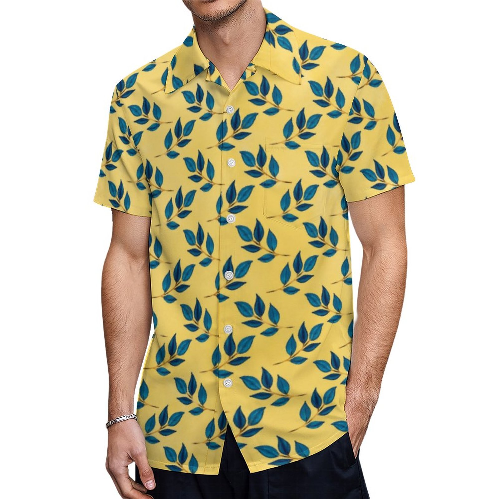 Stylish Blue Gold Foliage Paint Yellow Design Hawaiian Shirt Mens Button Down Tropical Hawaii Beach Shirts