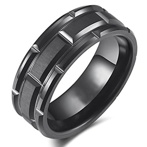 Black Brick Pattern Women's Or Men's Tungsten Carbide Wedding Band Faceted Rings,Tungsten Black Brick Pattern Comfort Fit Grooved With Mens And Womens Ring For 4MM 6MM 8MM 10MM