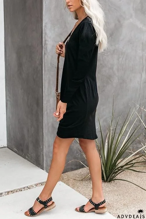 Knot V Neck Long Sleeve Mini Dress