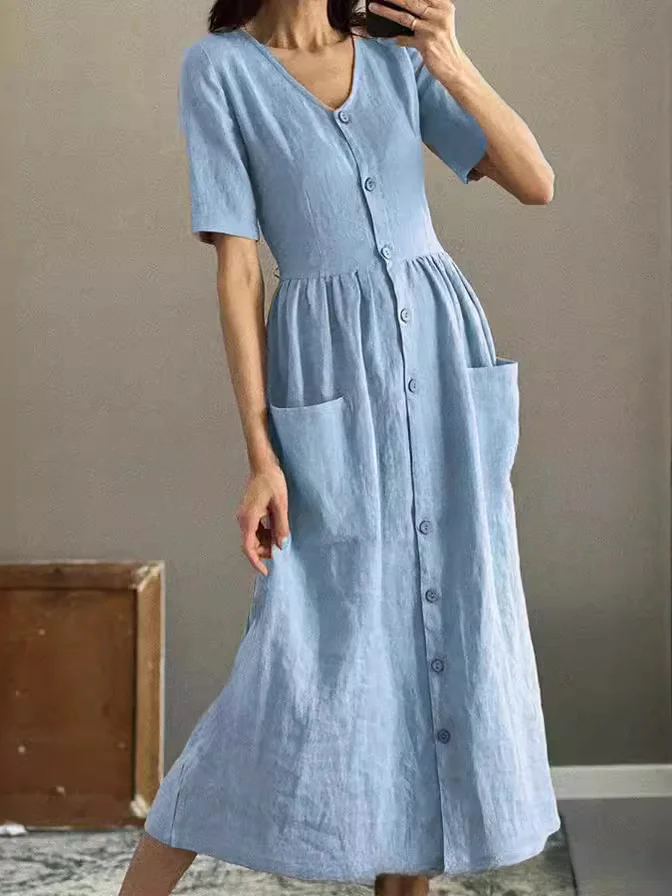 Women's summer waist-cinching pure cotton solid color short-sleeved mid-length dress socialshop