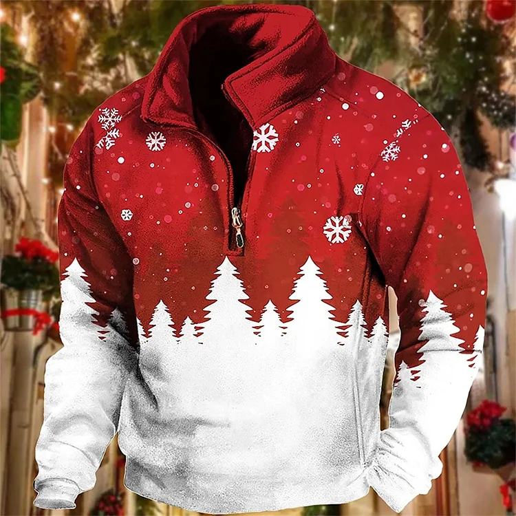 Christmas Stand Collar Zipper Snowflake Pattern Long Sleeve Sweatshirt
