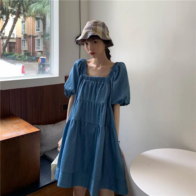 Women Dress Short Puff Sleeves Empire Loose Square Collar Lovely Folds Girlish Blue All Match Simple Casual Korean Style Chic