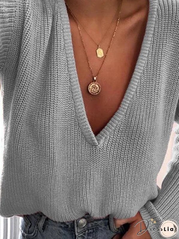 Women's Sweaters Casual Solid V-Neck Long Sleeve Knitted Sweater