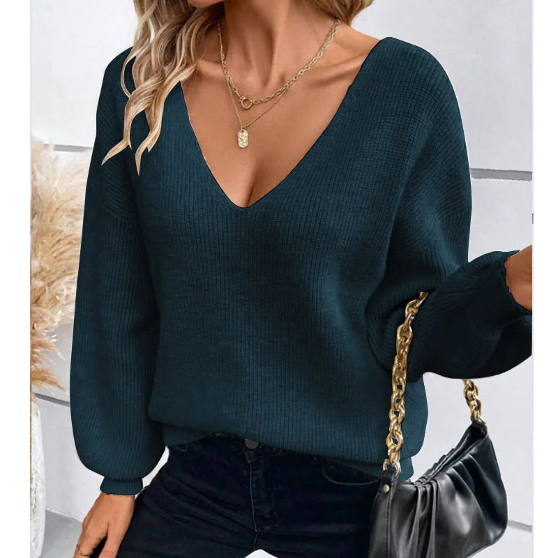 Athvotar Athvotar Women's V-Neck Solid Color Sweater Autumn New Long-Sleeved Casual Loose Bow Top Woman