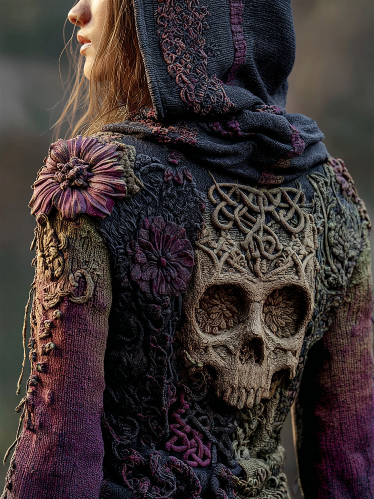 Vintage Skull Floral Celtic Gradient Cozy Knit Hooded Sweater