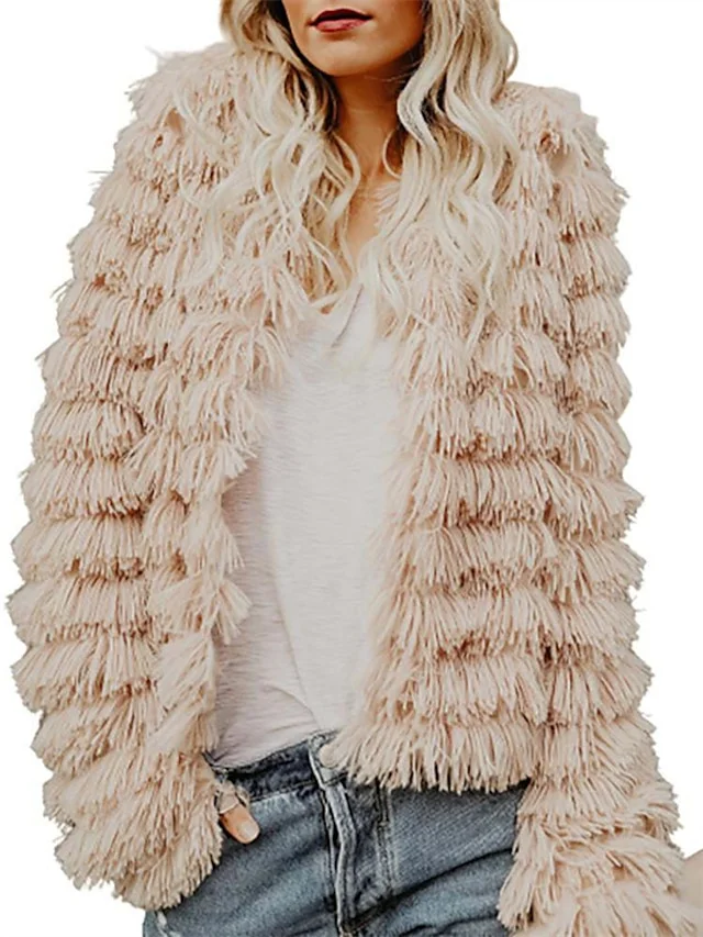 Women's Faux Fur Coat Winter Open Front Cardigan Vintage Parka Shaggy Jacket Warm Coat Tops Khaki