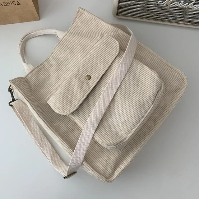 Corduroy Shoulder Bag Women Vintage Shopping Bags Zipper Girls Student Bookbag Handbags Casual Tote With Outside Pocket 2021
