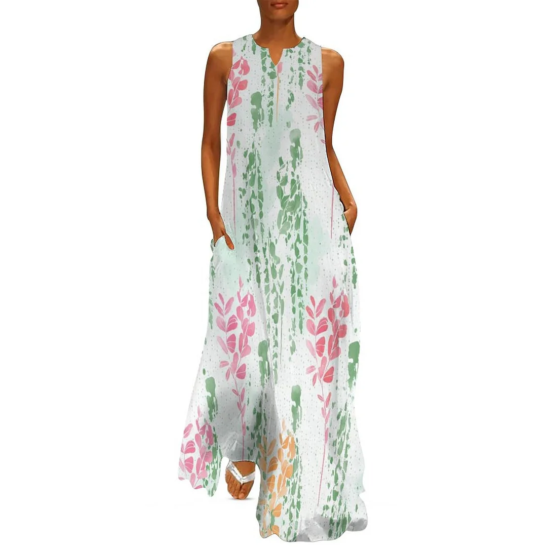 Style & Comfort for Mature Women Plus Size Printed Sleeveless Casual Women Maxi Dress with Pockets in Pattern Striped, Green, Pink