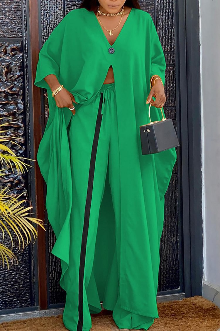 Plus Size Green Casual Long Sleeve Slit Contrast Paneled Two Pieces Pants Set