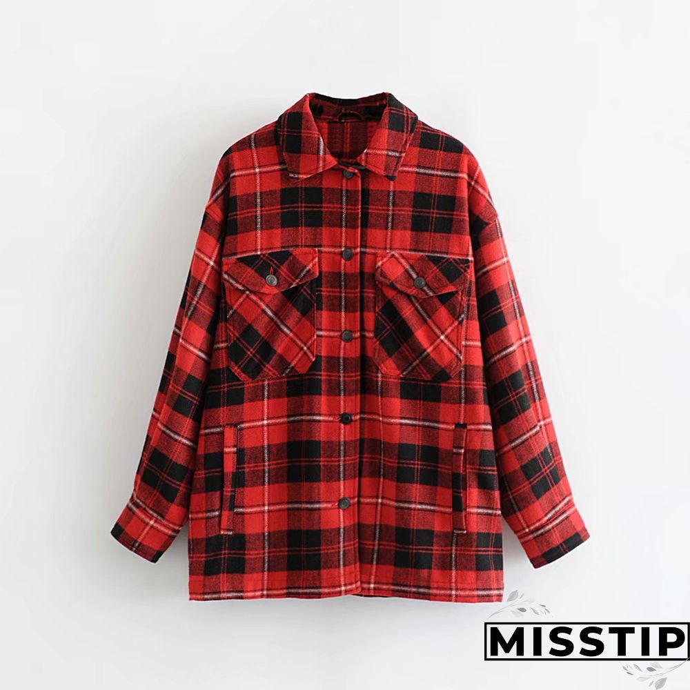Classic Thick Colorblock Checked Button Down Shirt Jacket Woolen