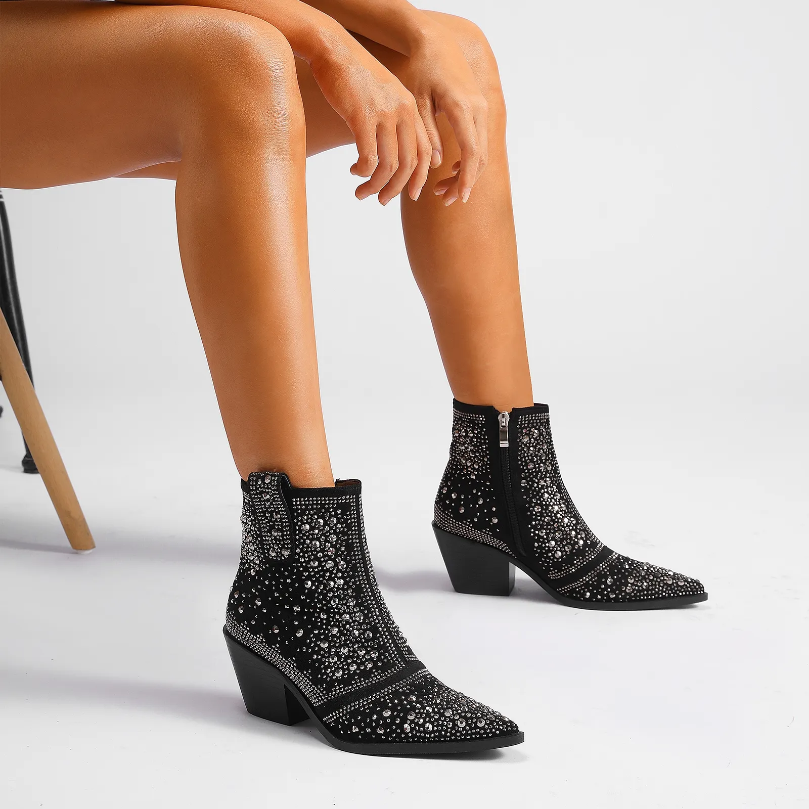 2.56" Women's Rhinestone Western Cowboy Boots Pointed Toe Block Heel Sparkly Ankle Boots-vocosishoes