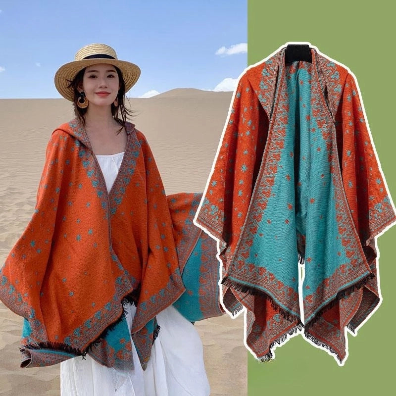 Ethnic Style Hooded Cape Women’s Yunnan Tibet Western Sichuan Grassland Bohemia Travel Wear Scarf Coat