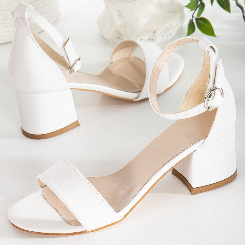 White Buckle Ankle Strap Open Toe Block Heel Women's Sandals Nicepairs