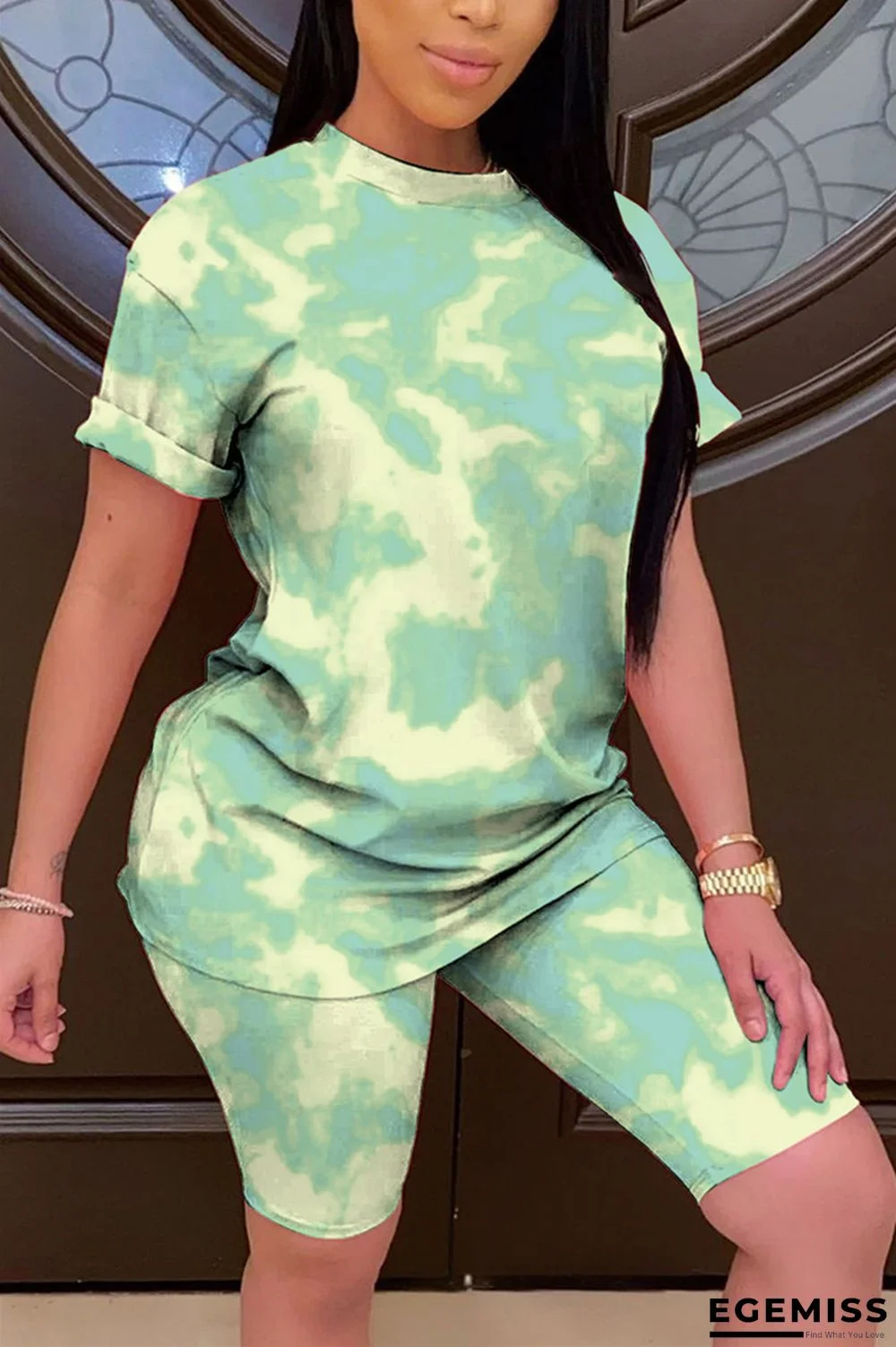 Green Fashion Casual Printed T-shirt Shorts Set | EGEMISS