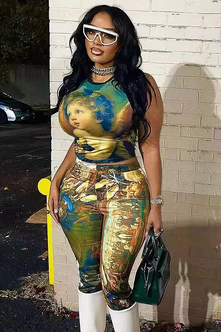 Oil Painting Print Tank Top Slim Fit Pants Casual 2pcs Set-Green