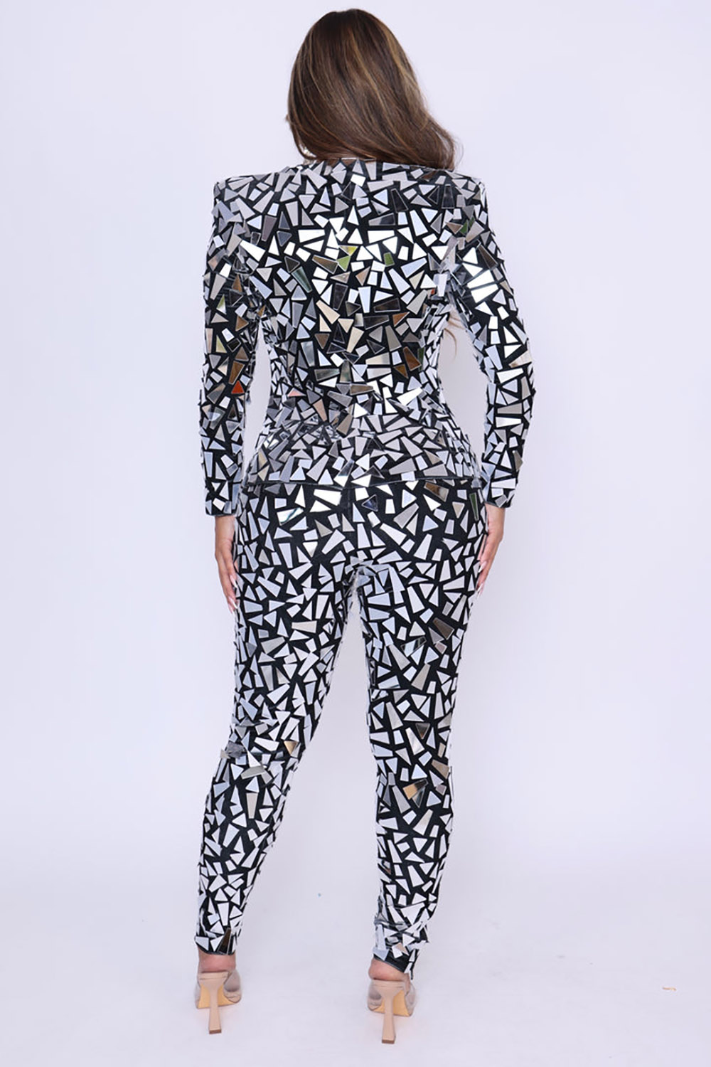 Plus Size Party Pant Sets Silver Fall Winter V Neck Long Sleeve Zipper Sequin Two Piece Pant Sets