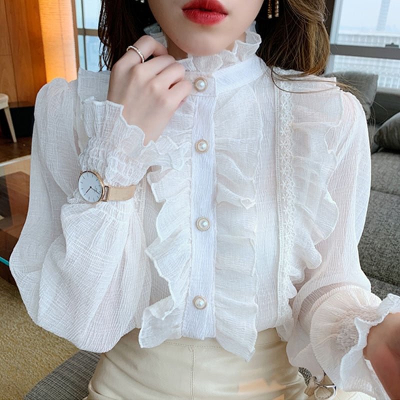 Korean Ruffle Lace Chiffon Shirt Elegant Sweet Chic Long Puff Sleeve Women Blouse Apricot Tops Stand Collar Clothes Blusas 13433