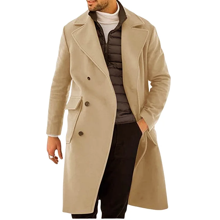 Solid Flap Pocket Notch Lapel Double Breasted Overcoat