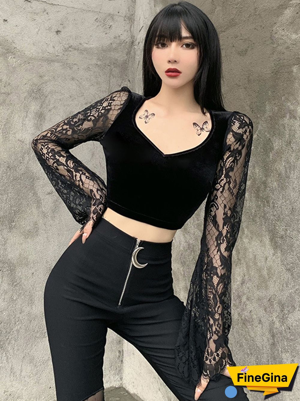 Vintage Gothic Velvet Lace Tops Harajuku Sexy See Through Long Sleeve Crop Top Women Autumn Elegant Aesthetic Basic Tops