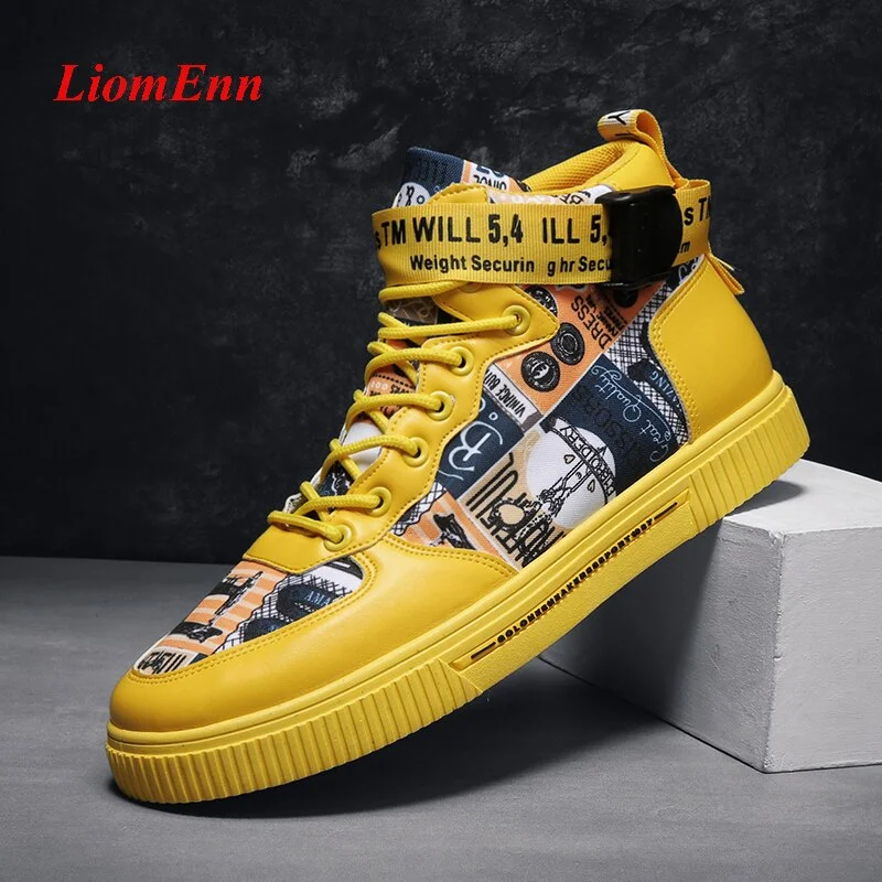 Graffiti High Top Sneakers Women Shoes 2021 Spring White Yellow Sneaker Sport Shoes Man Tennis Vulcanized Shoes Woman Large Size