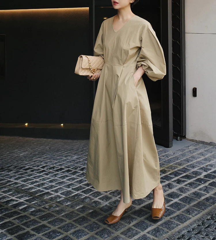 Loose Casual Solid Color Lantern Sleeve Maxi Dress