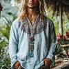 Men's Bohemian Holiday Style Vintage Linen Printed Casual Long Sleeve Top by Inlyline