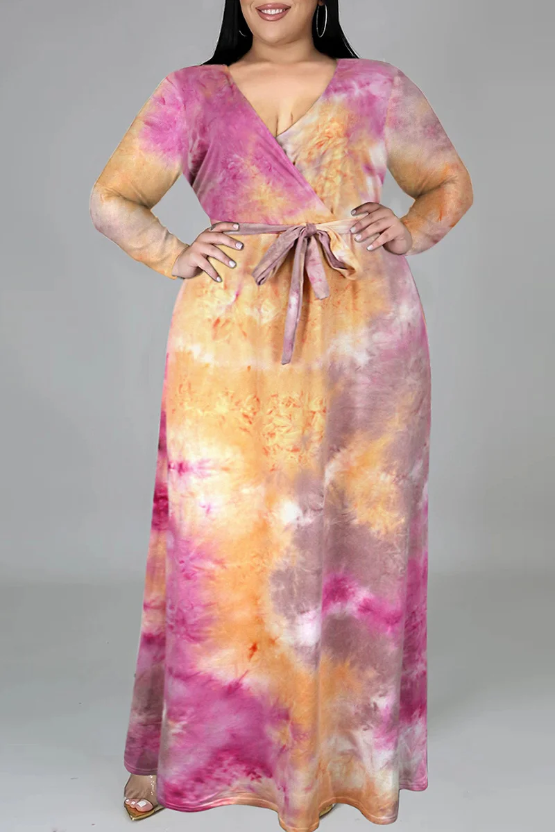 Orange Fashion Casual Tie Dye Printing V Neck Long Sleeve Plus Size Dresses | EGEMISS