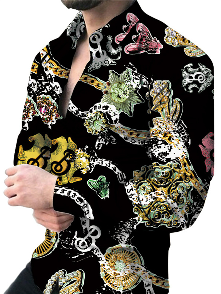 Men's New Digital Printing Casual Long-sleeved Lapel Cardigan Slim Floral Shirt