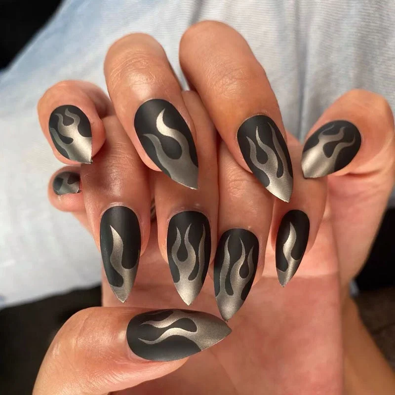 24pcs/Set Punk Fire Pattern Fake Nails Short design Nail Accessories Ballerina Nail Art Tips Full Cover Press on Nails-Nail Inspo
