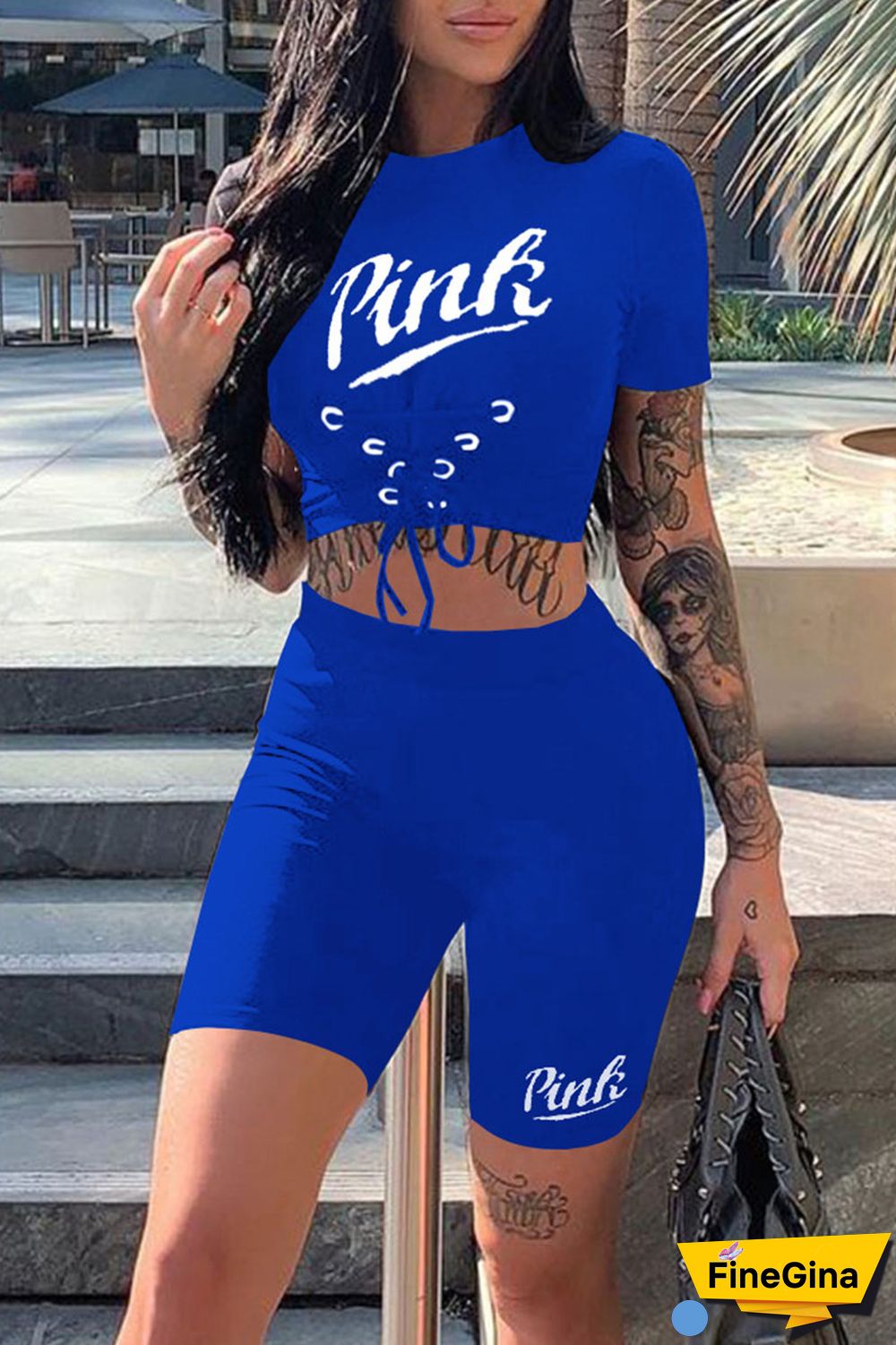 Black Casual Sportswear Print Bandage Patchwork O Neck Short Sleeve Two Pieces