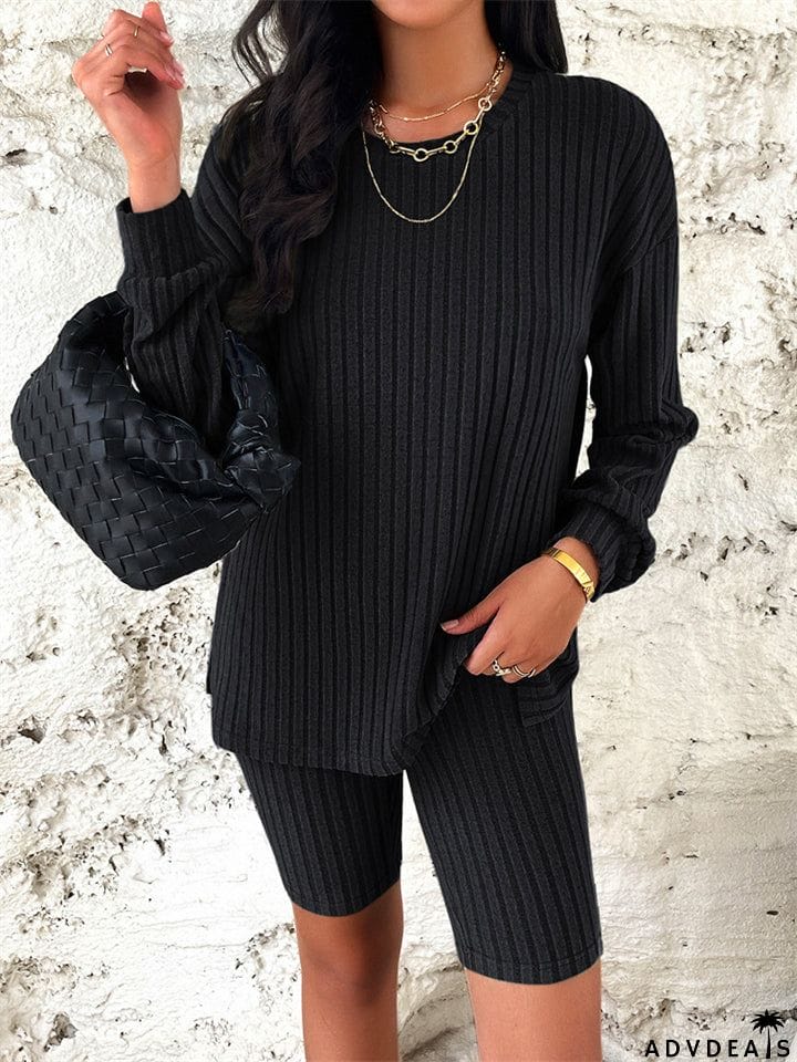 Female Pure Color Leisure Knitted Sweater + Shorts Two-piece Set