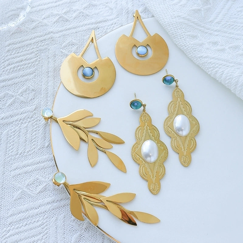 1 Pair Casual Minimalist Commute Leaves Inlay 304 Stainless Steel Pearl 14K Gold Plated Drop Earrings