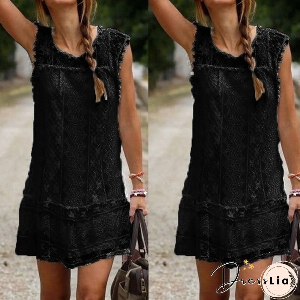 Fashion Summer Dress Sexy Women Casual Sleeveless Beach Short Dress Tassel Solid White Mini Lace Dress Plus Size