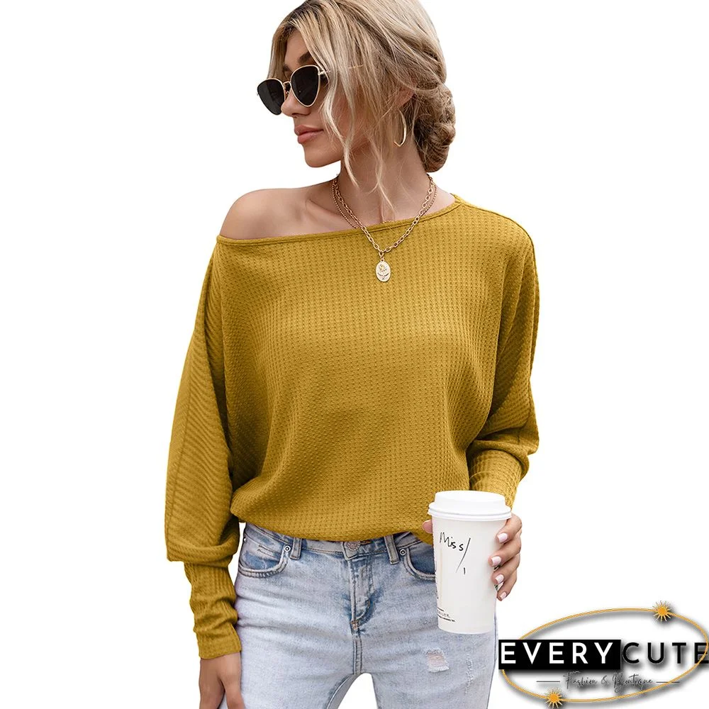 Yellow Waffle Off Shoulder Long Sleeve Top