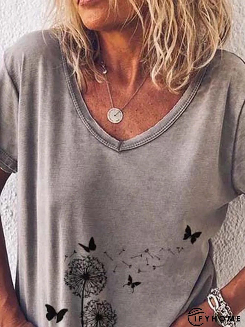 Short Sleeve Printed Casual V Neck T-shirt | IFYHOME