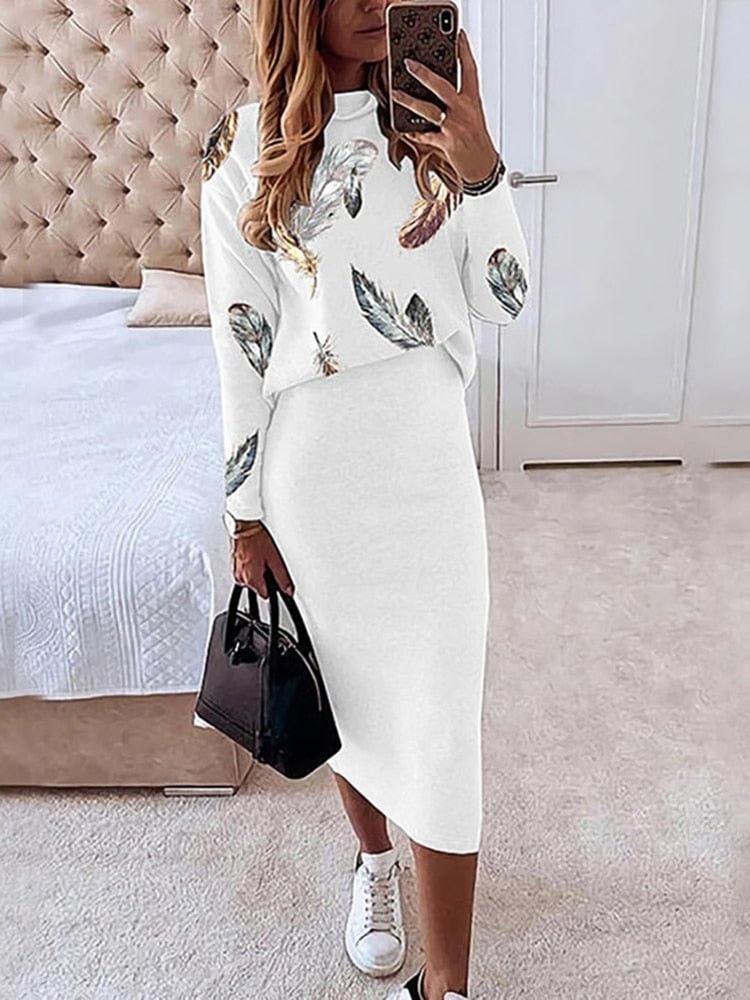 Elegant Women Stars Tops And Skirt Suit Simple Printed Slim Skirt Matching Set Spring Autumn Lady Elastic Skirt Two Piece Outfit