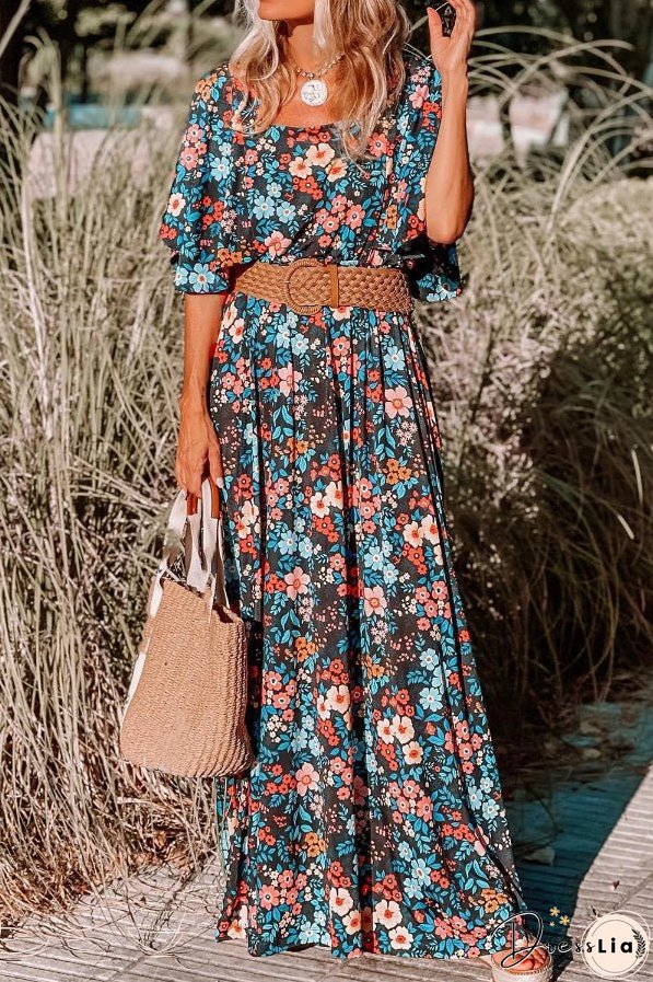 Sky Blue Boho Floral Print Knotted Backless Maxi Dress
