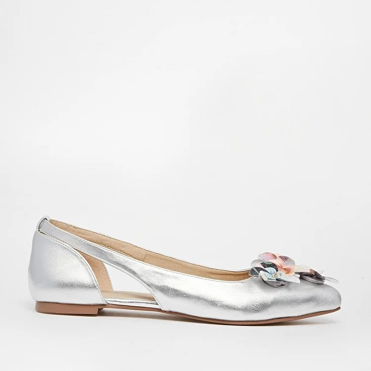 Silver Flowery Pointy Toe Comfortable Flats Wedding Shoes Vdcoo