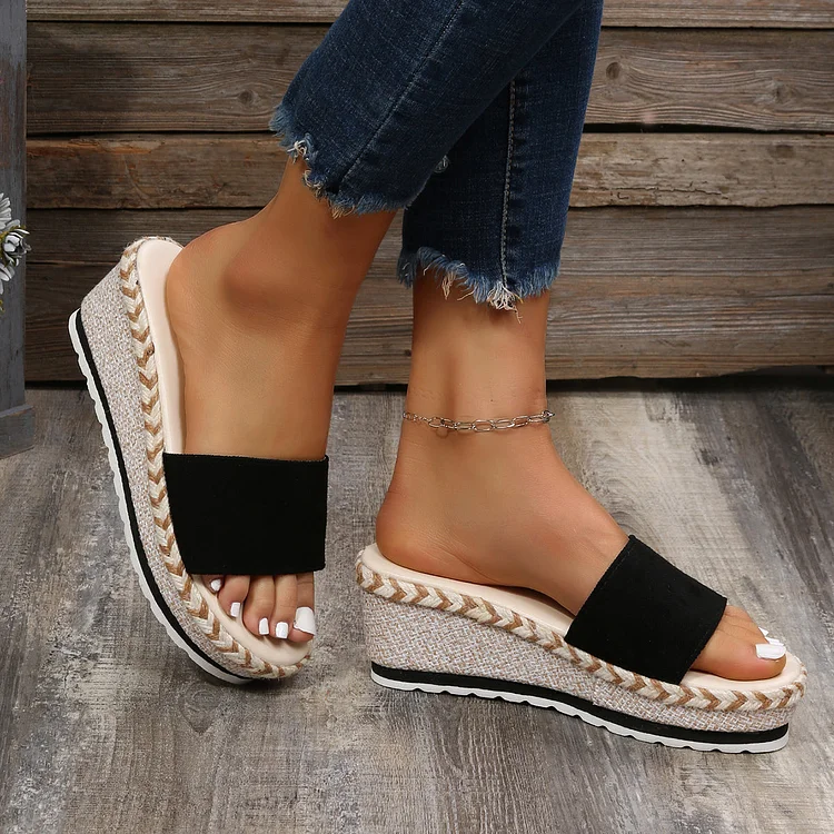 Black Espadrille Platform Wedges Slide Sandals
