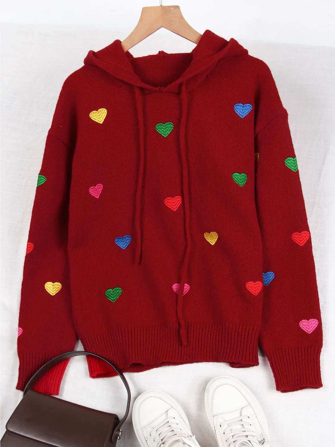 Athvotar Athvotar And Winter Women's Sweater Fashion Color Love Hooded Long-Sleeved Knitted Shirt