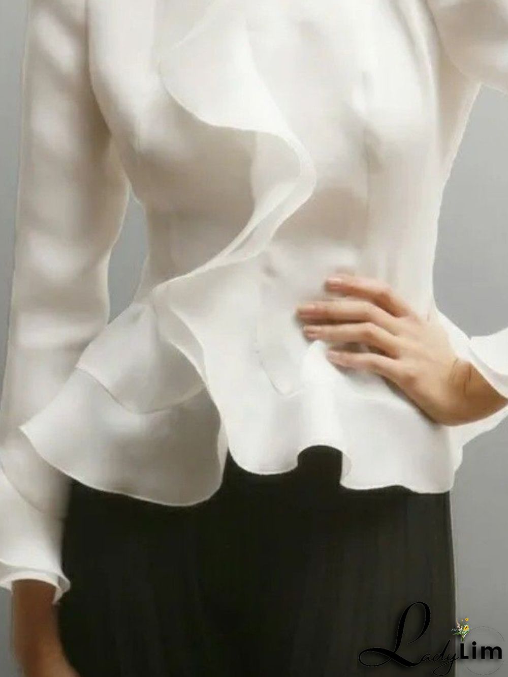 Elegant Plain Mock Neck Long Sleeve Peplum Blouse