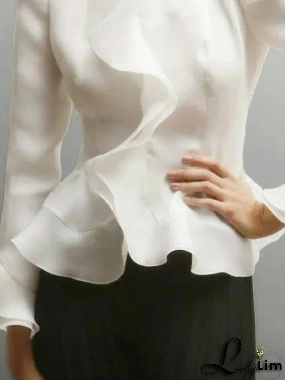 Elegant Plain Mock Neck Long Sleeve Peplum Blouse