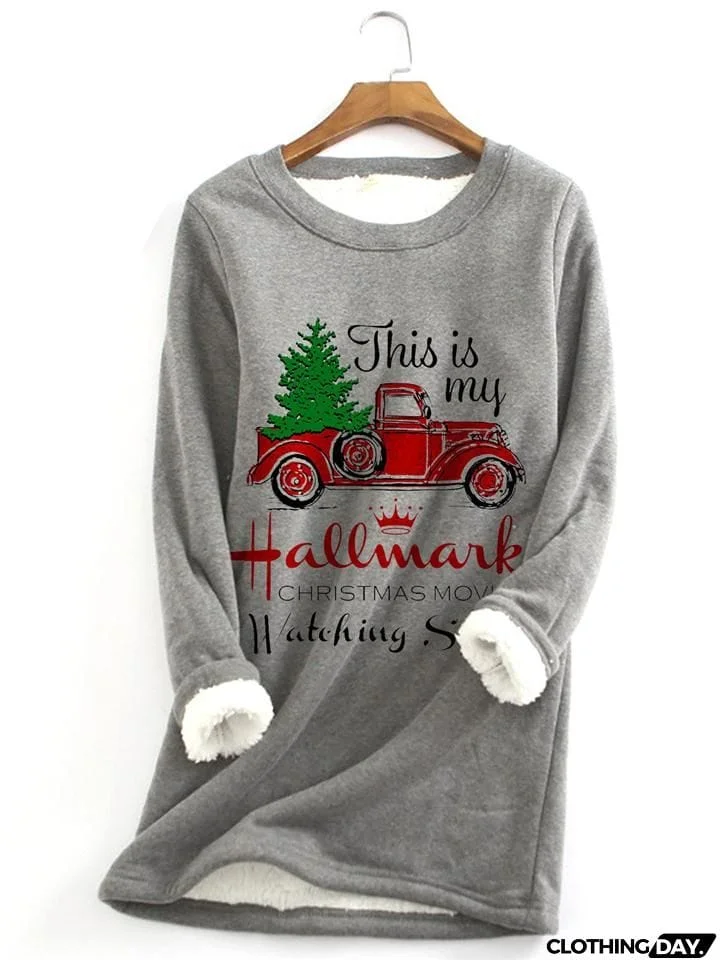 Warm Thick Faux Fleece Lining Christmas Car Print Sweatshirt