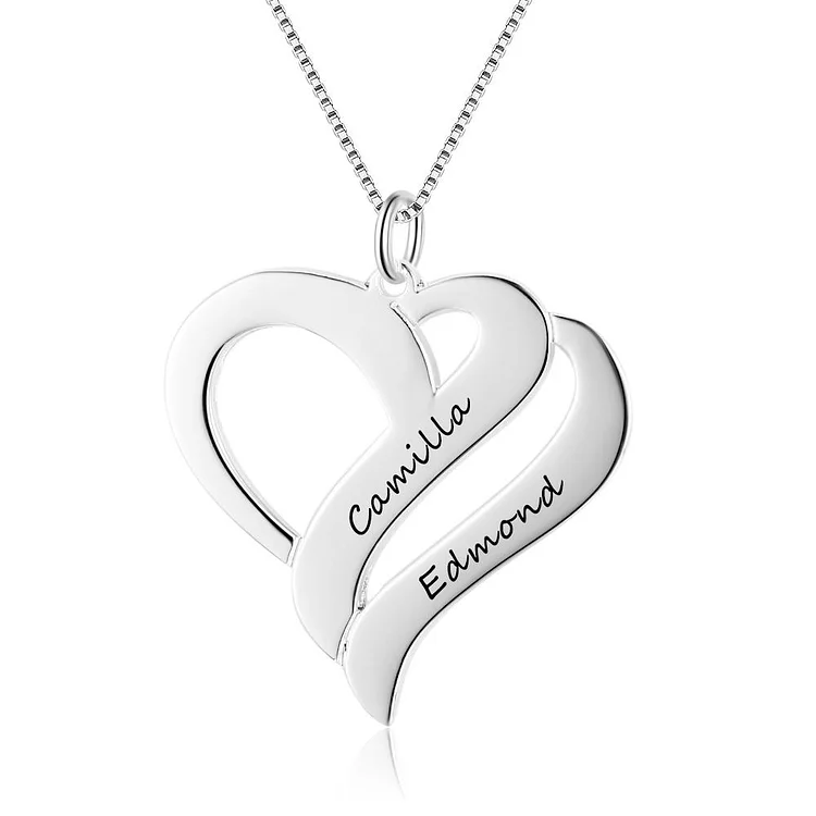 Engraved Two Heart Necklace Personalized Love Necklace with 2 Names Silver